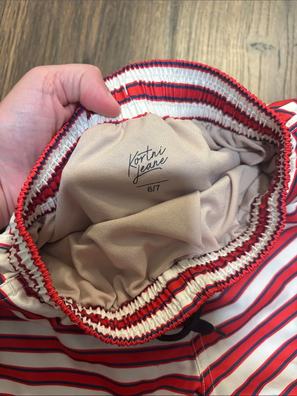 Kortni Jeane Red and White Striped Kids Swim Trunks